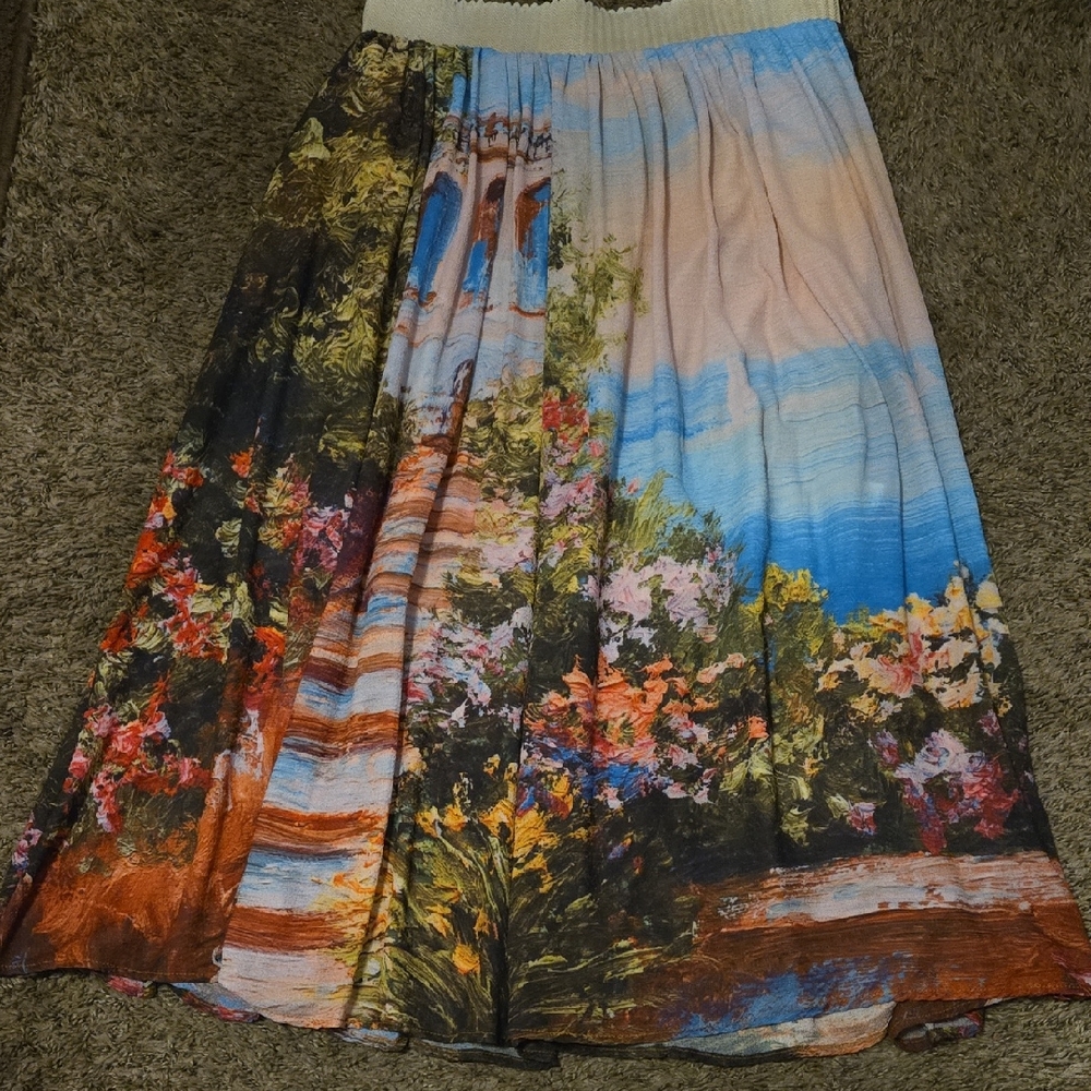 Vibrant Watercolor Scenic A-Line Skirt, Size M